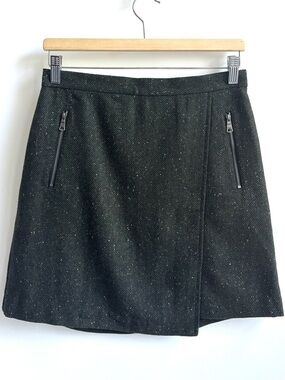 Banana Republic Tweed Speckles Faux Wrap Wool Mini Skirt Zipper Accents Size 2